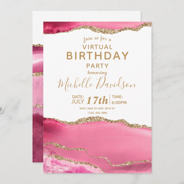 Pink & Gold Agate Virtual Birthday  Invitation (Front/Back)