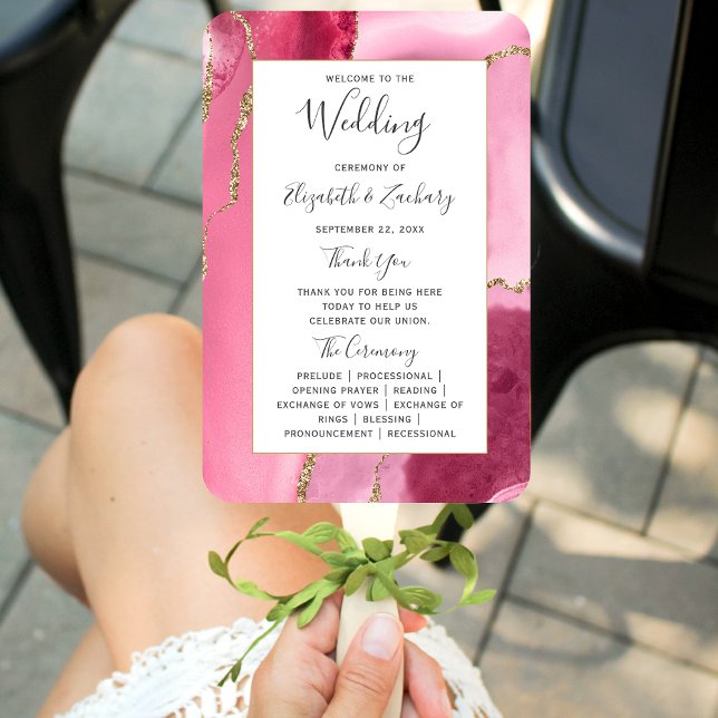 Pink Gold Agate Wedding Program Hand Fan (Creator Uploaded)