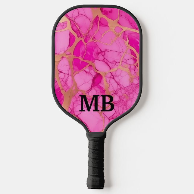 Pink Gold Alcohol Ink Marble Monogram Initials Pickleball Paddle (Back)