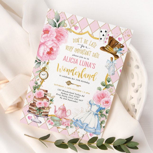 Pink Gold Alice in Wonderland Birthday Tea Party Invitation (Creator Uploaded)