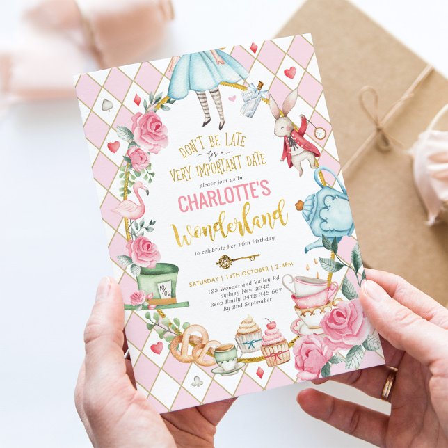 Pink Gold Alice in Wonderland Birthday Tea Party Invitation (Creator Uploaded)