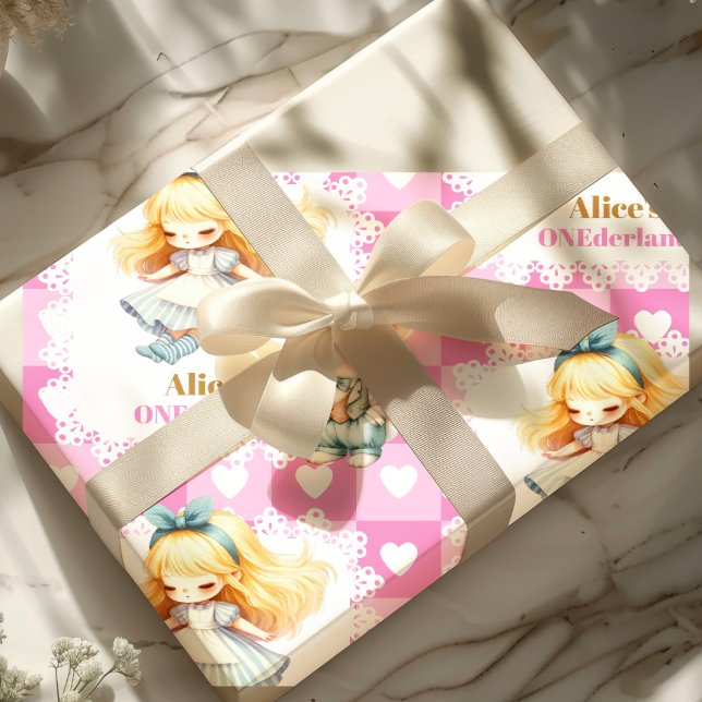 Pink Gold Alice in Wonderland Birthday Tea Party Wrapping Paper (Creator Uploaded)