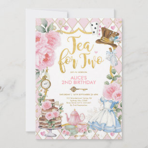 Pink Gold Alice Tea Party 2nd Birthday Invitation