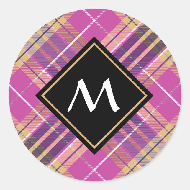 Pink, Gold and Blue Tartan Classic Round Sticker (Front)