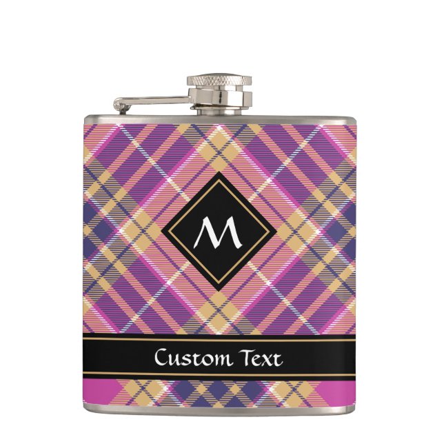 Pink, Gold and Blue Tartan Hip Flask (Front)