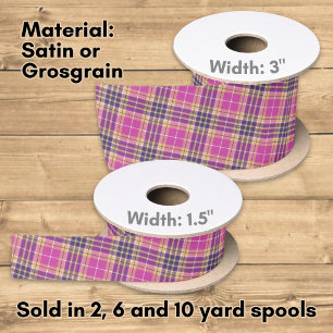 Pink, Gold and Blue Tartan Satin Ribbon