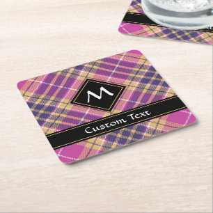 Pink, Gold and Blue Tartan Square Paper Coaster