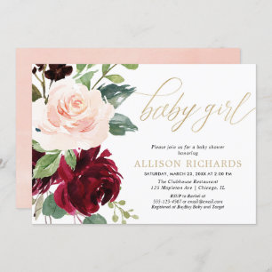 Pink gold and burgundy floral girl baby shower invitation