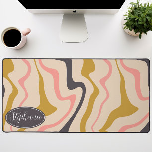 Pink, Gold, And Grey Retro Groovy Waves Desk Mat