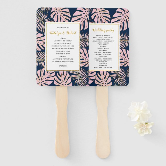 Pink gold and navy tropical leaves wedding program hand fan (Front and Back)
