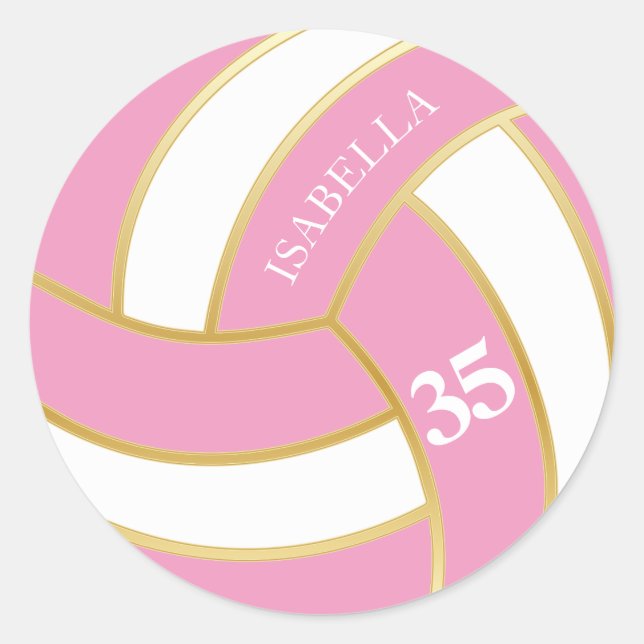 Pink, Gold and White Volleyball - Personalise Classic Round Sticker (Front)