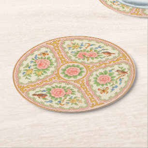 Pink & Gold Antique Rose Medallion Round Paper Coaster