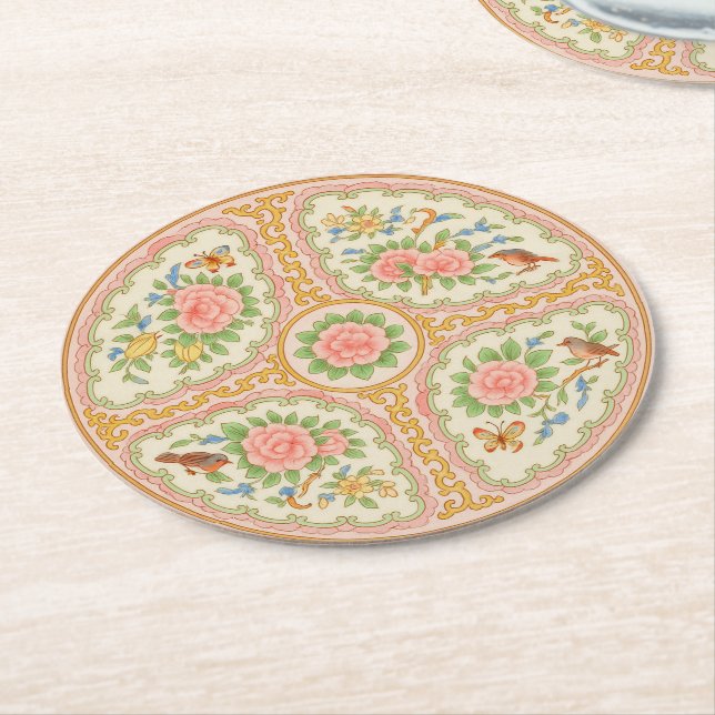 Pink & Gold Antique Rose Medallion  Round Paper Coaster (Angled)