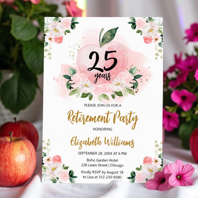 Pink Gold Apple Floral Teacher Retirement Party Invitation (Creator Uploaded)