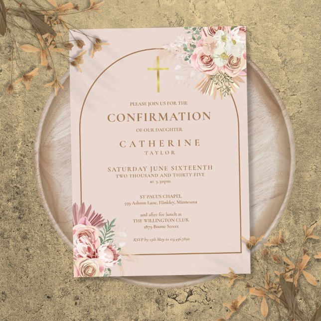 Pink Gold Arch Pampas Grass Floral Confirmation Invitation (Pink Gold Arch Pampas Grass Floral Confirmation Invitation)