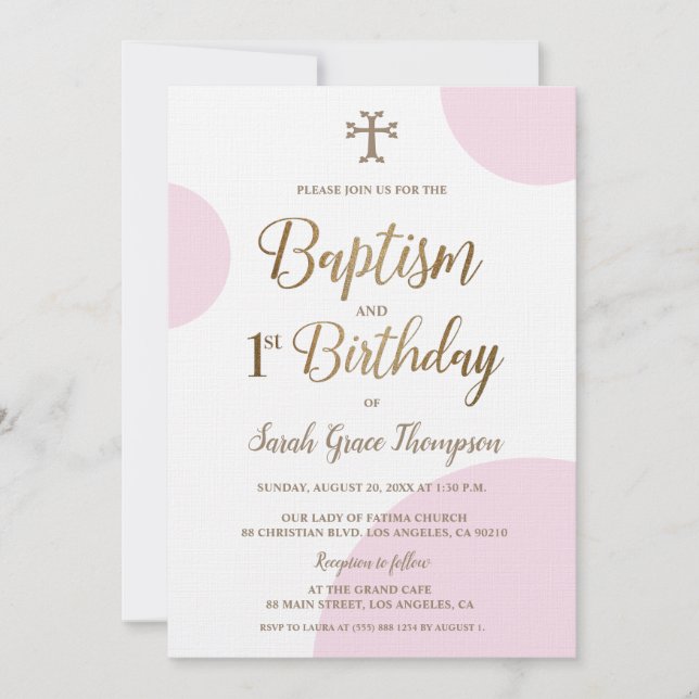 Pink Gold Armenian cross girl Baptism 1st Birthday Invitation (Front)