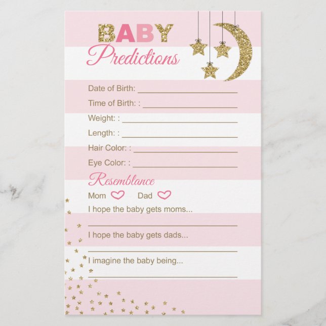 Pink gold baby prediction card for shower games (Front)