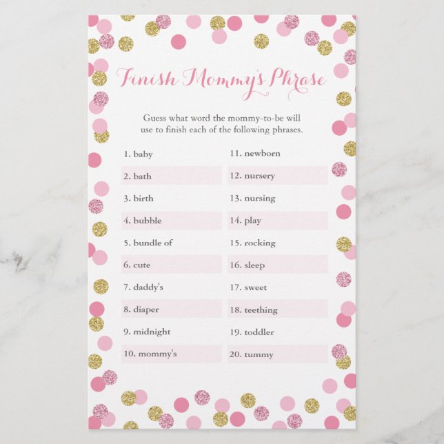 Pink & Gold Baby Shower Finish Mummy's Phrase Game (Front)