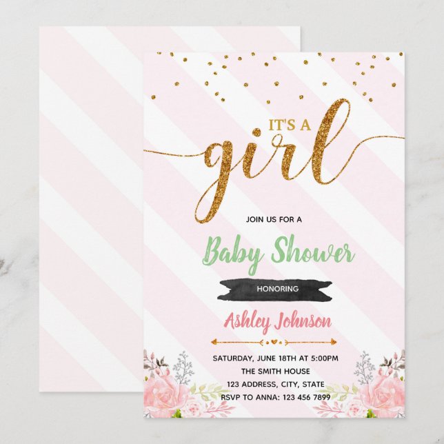 Pink gold baby shower invitation (Front/Back)