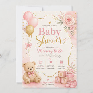 Pink Gold Baby Shower Invitation Girl, Watercolor 