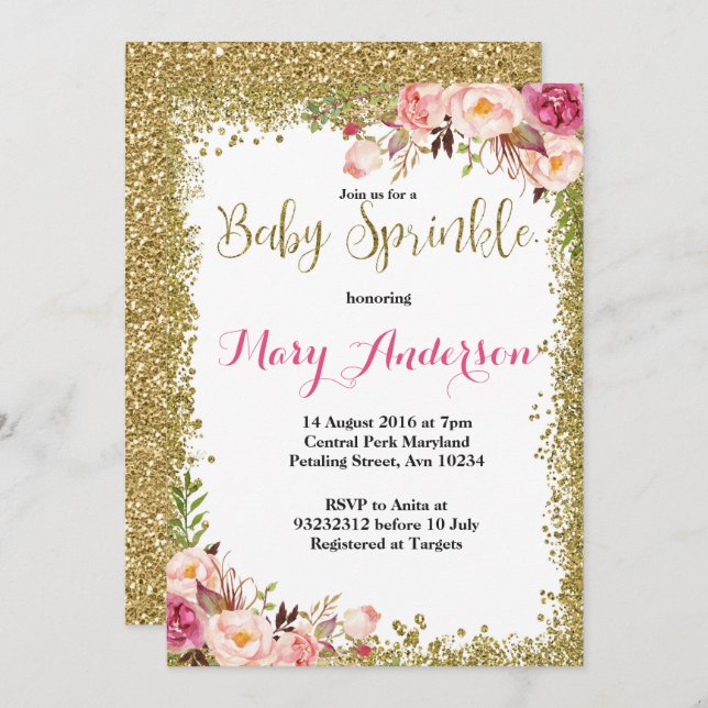 Pink Gold Baby Sprinkle Invitations (Front/Back)