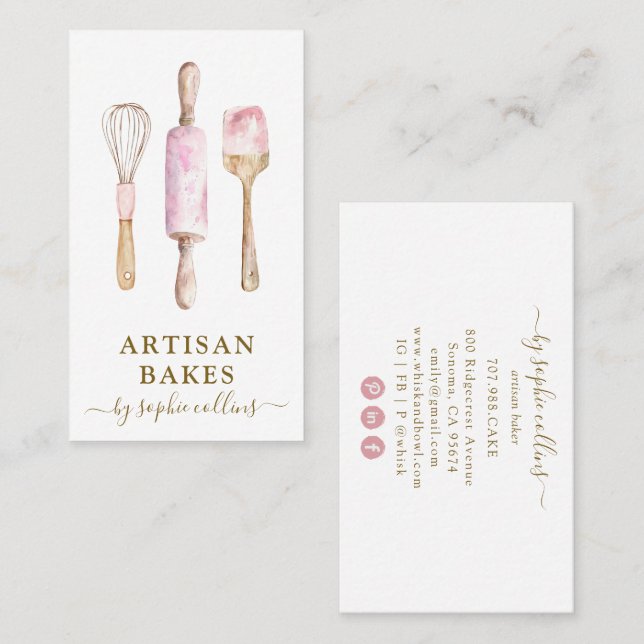 Pink Gold Baker Watercolor Bakery Pastry Chef  Business Card (Front/Back)