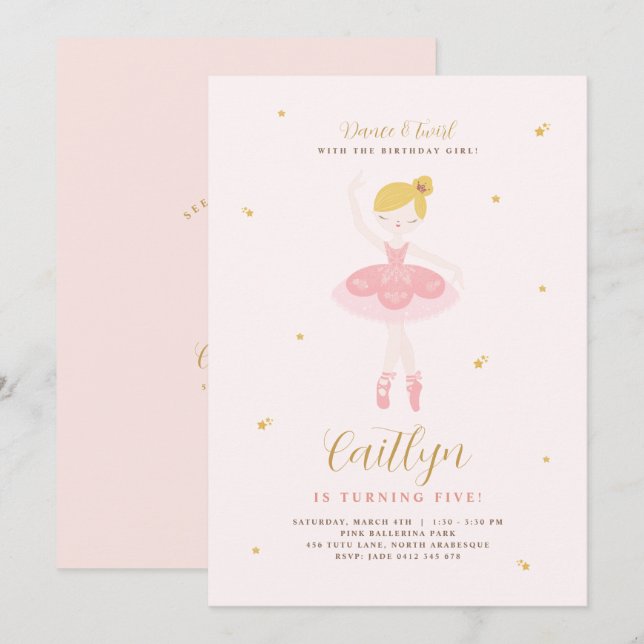 Pink & Gold Ballerina Birthday Invitation (Front/Back)