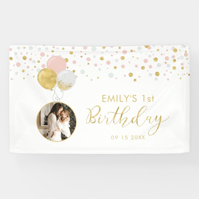 Pink & Gold Balloon 1st Birthday Photo Banner (Horizontal)