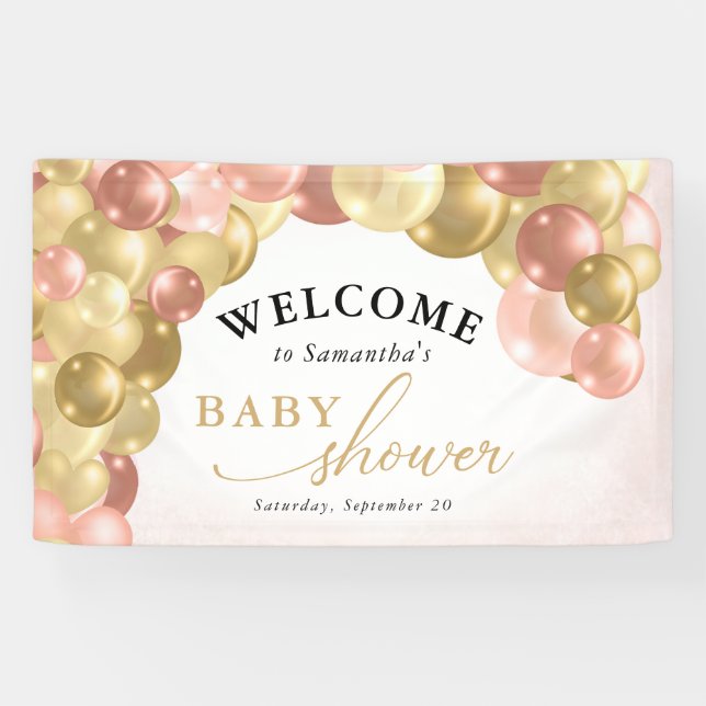Pink & Gold Balloon Arch Girl Baby Shower Banner (Horizontal)