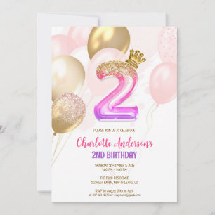 Pink Gold Balloon Girl 2nd Birthday Invitation