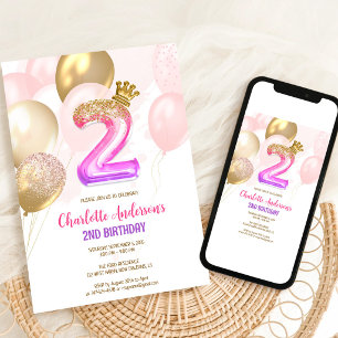 Pink Gold Balloon Girl 2nd Birthday Invitation