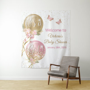 Pink Gold Balloon Girl Baby Shower L Backdrop Tapestry