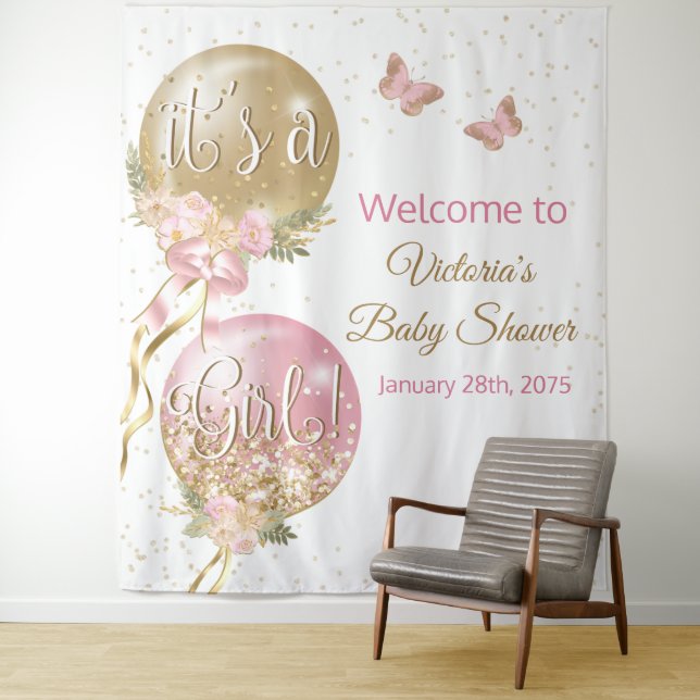 Pink Gold Balloon Girl Baby Shower XL Backdrop Tapestry (In Situ)