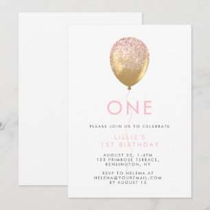 Pink & Gold Balloon Girl's 1st Birthday Invitation