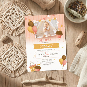 Pink Gold Balloons 1st Birthday Photo Invitation
