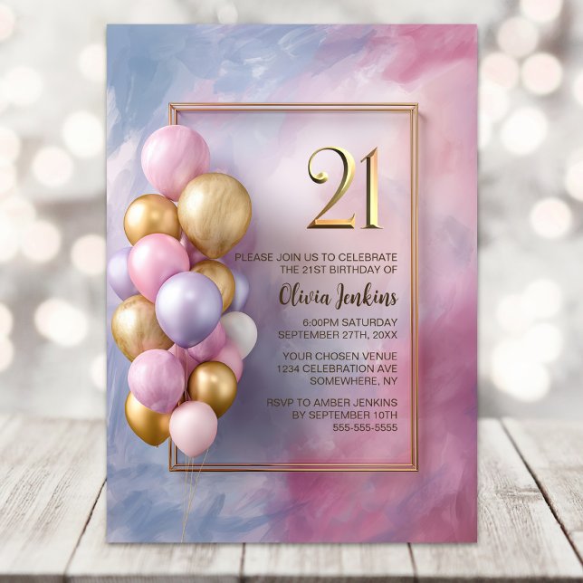 Pink Gold Balloons 21st Birthday Party Invitation (Creator Uploaded)