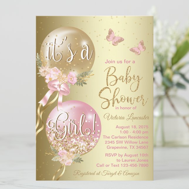 Pink Gold Balloons Butterfly Baby Shower Invitation (Creator Uploaded)