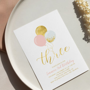 Pink & Gold Balloons Girl 3rd Birthday Party Inv Invitation