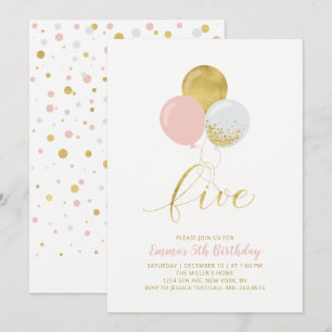 Pink & Gold Balloons   Girl 5th Birthday Party Invitation
