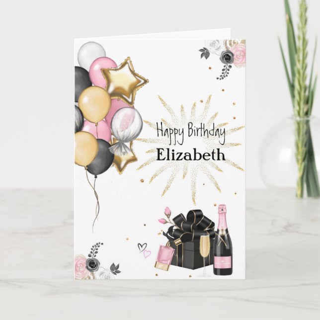 Pink Gold Balloons Happy Birthday Holiday Card (Front)