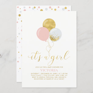 Pink & Gold Balloons   It's a Girl Baby Shower Invitation