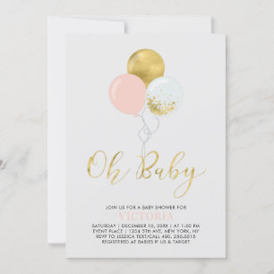 Pink & Gold Balloons Oh Baby Girl Baby Shower Invitation