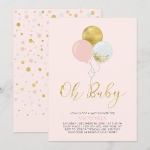 Pink & Gold Balloons   Oh Baby Girl Baby Shower Invitation