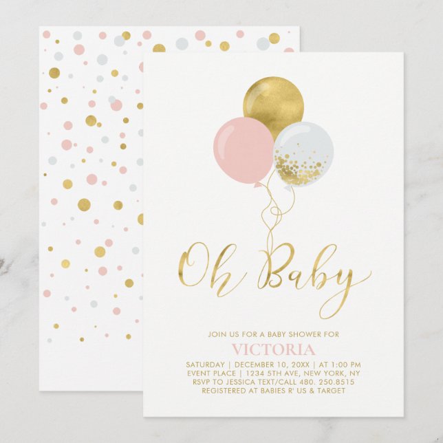 Pink & Gold Balloons | Oh Baby Girl Baby Shower Invitation (Front/Back)