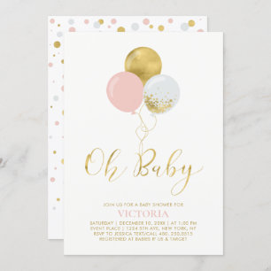 Pink & Gold Balloons   Oh Baby Girl Baby Shower Invitation
