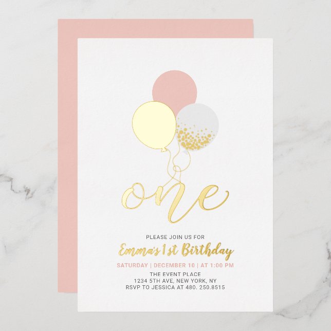 Pink & Gold Balloons | One 1st Girl Birthday Party (Front/Back)