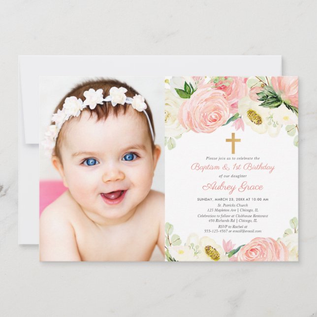 Pink gold baptism and 1st birthday photo girl invitation (Front)