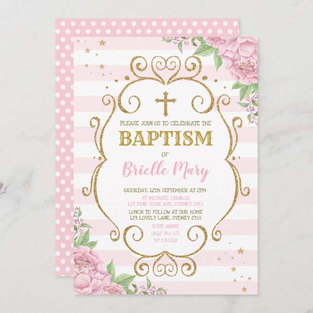 Pink Gold Baptism Christening Floral Princess Invitation (Front/Back)