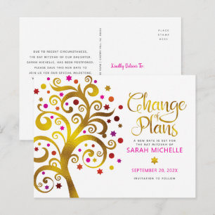 Pink Gold Bat Mitzvah Change of Plans Tree of Life Invitation Postcard