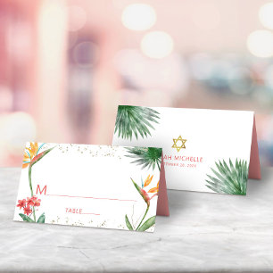 Pink Gold Bat Mitzvah Tropical Floral Watercolor Place Card
